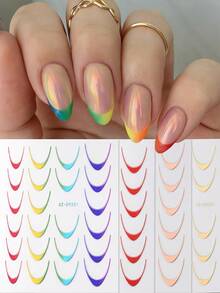 8张3D法式美甲贴纸，3D自粘金银红激光条纹法式线条转印贴纸，曲线美甲设计，闪粉引导条纹美甲配件，女士DIY美甲装饰 - 彩色 - 查看 3