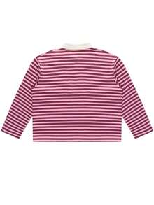 女士条纹数码印花长袖Polo衫，针织面料，宽松舒适休闲学院风春季款 - 紅色 - 查看 8