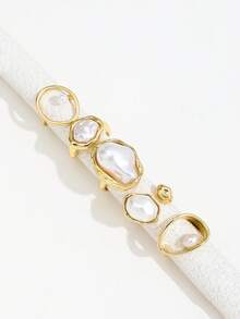 5pcs Vintage French Baroque Faux Pearl Rings, Asymmetrical Hollow Pearl Stackable Ring Set For Women - Gold - View 3