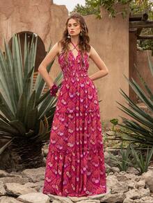 Faeriesty 优雅露背长裙：无袖层叠荷叶边礼服，交叉露背设计，刺绣花藤图案，轻盈飘逸的面料——完美适用于花园婚礼、波西米亚风新娘写真、目的地婚礼、乡村风周年庆典、浪漫户外活动等夏季场合。 - 玫瑰紅 - 查看 1