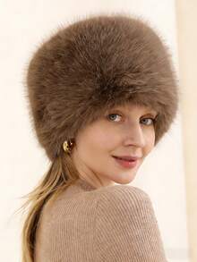 1pc Faux Fur Flat Top Hat, Fluffy Bucket Hat, Thick Warm Ear Protection Round Top Beanie