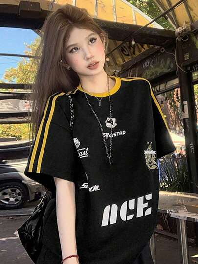 女士宽松条纹撞色T恤，字母印花短袖休闲上衣，黑色夏季款