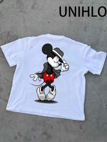 Disney UNIHLO  Street Life Men's Casual Loose  Mickey  Cartoon  Print Short Sleeve T-ShirtSummer - White - View 4