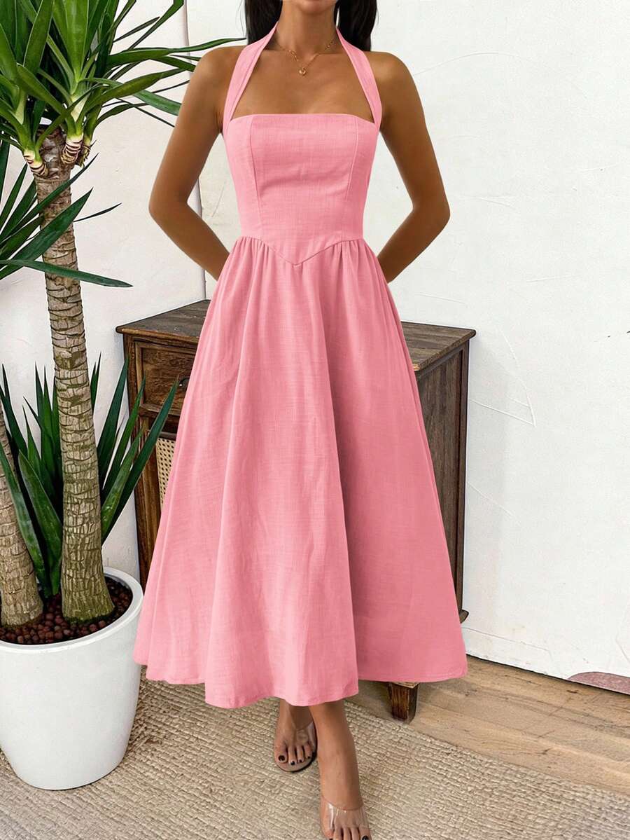 女士春夏无袖拉链褶皱连衣裙，休闲优雅风格，适合海滩、度假、约会、音乐节、情人节、生日派对等场合。 - 粉色 - 查看 1