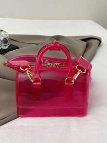 两件套果冻透明沙滩可调节单肩包，适合旅行、上学、上班、白领、斜挎包 - 玫紅色 - 查看 5