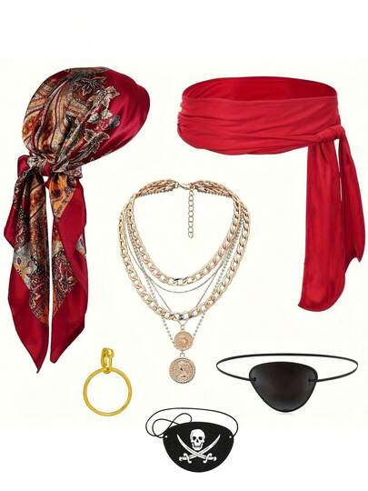 6件套海盗服装配饰套装，包括海盗头巾、海盗腰带、项链、眼罩和耳环，适合角色扮演、舞会、万圣节等场合。