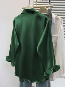 Plus Size Fashion Long Sleeve Shirt With Button Details, Regular Length, Spring/Summer - Green - View 4