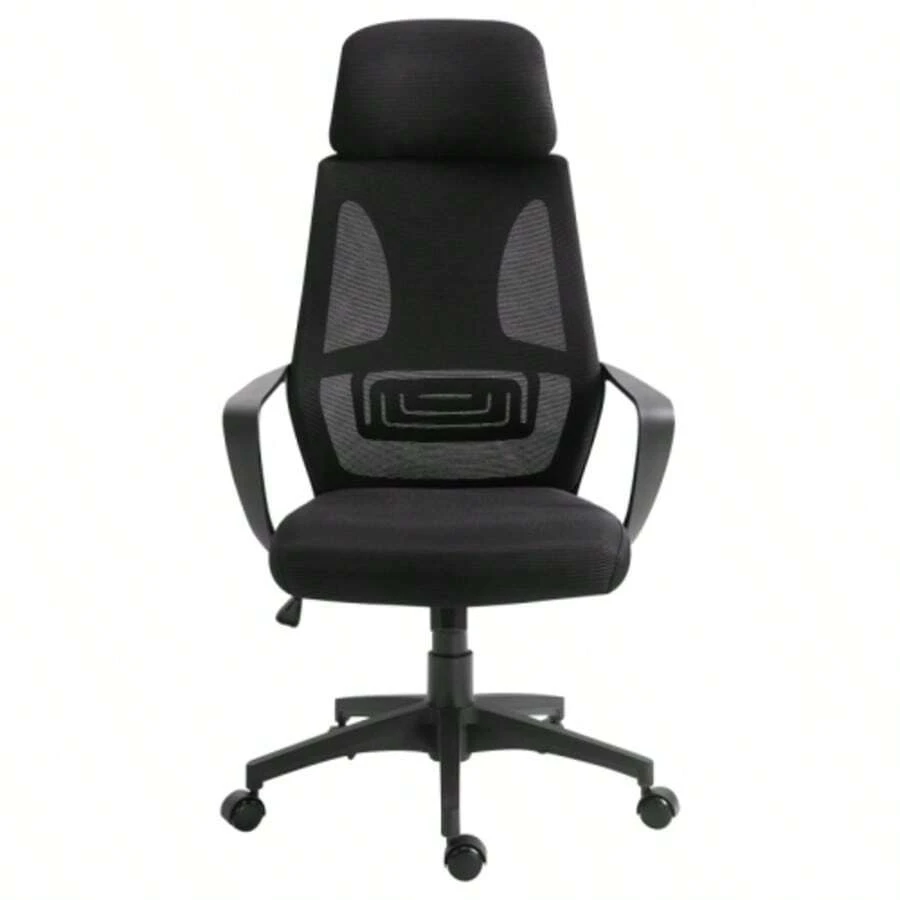 Height-Adjustable Office Chair With Tilt Function, Swivel, With Armrests, Headrest And Lumbar Support, Covered In A Mesh-Look Fabric, Black.