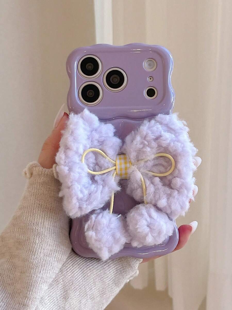Minimalist Fashionable Wavy Plush Bow Phone Case Suitable For IPhone 17, 16, 15, 14, 13