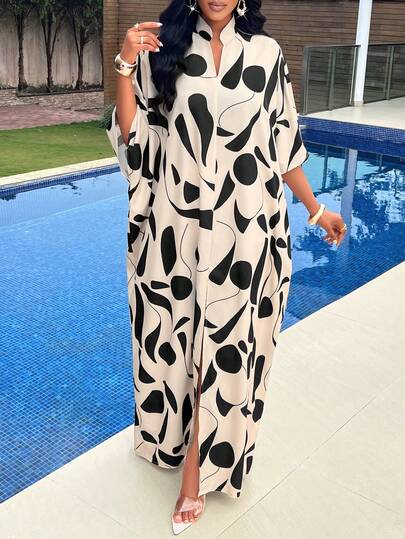 AIJ Amarilo 女士中东优雅图案 V 领连衣裙，蝙蝠袖，前开衩，简约休闲，适合休闲、购物和外出，易于搭配。