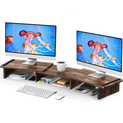 Dual Monitor Stand Riser, Monitor Stand With Adjustable Length And Angle, Wood Monitor Stand For Desk, Monitor Riser For 2 Monitors With Storage Space(Rust Brown Large)
