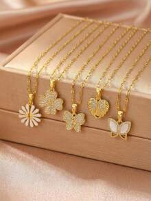 1pc Delicate Elegant Light Luxury Openable Flower/Four-Leaf Clover/Butterfly/Heart Pendant Necklace With Stainless Steel Chain As Daily Wear Jewelry Accessory Gift