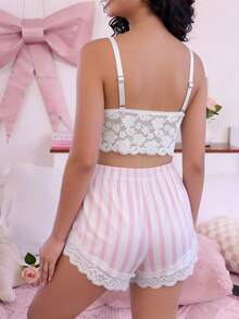 三件套优雅粉白条纹蕾丝边睡衣，四季皆宜 - 彩色 - 查看 7