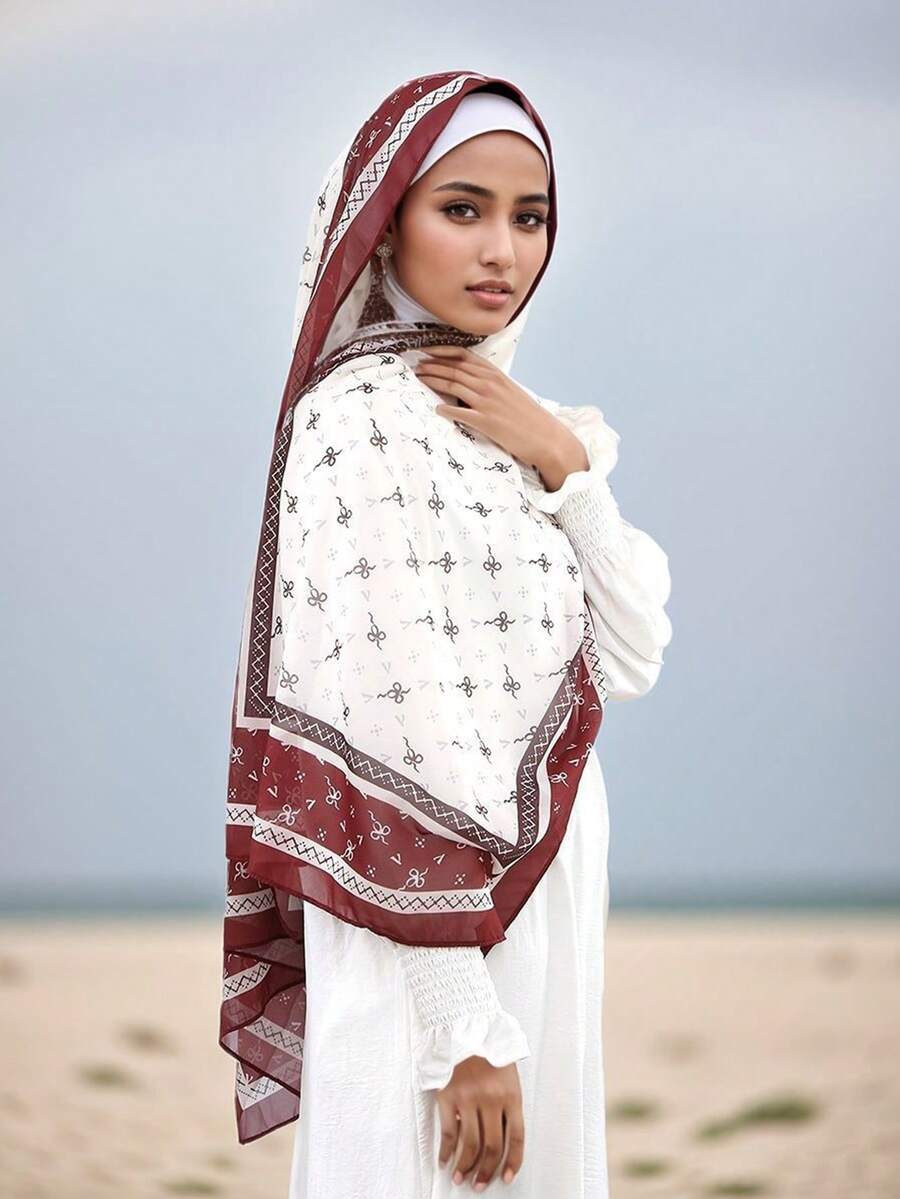 1pc Women's Chiffon Scarf, Printed Dubai Middle East Muslim Headscarf Shawl - Multicolor - View 1