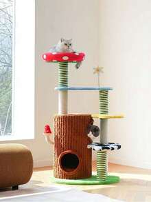 1pc Three-Tier Cat Climbing Frame Linen Braided Columns Felt Base Cat Claw Grinding Toy Cats Climb Treehouses Frame Interactive Cat Scratching Post With Hanging Mouse Hard-Wearing Cat Supplies