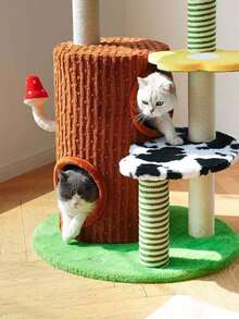 1pc Three-Tier Cat Climbing Frame Linen Braided Columns Felt Base Cat Claw Grinding Toy Cats Climb Treehouses Frame Interactive Cat Scratching Post With Hanging Mouse Hard-Wearing Cat Supplies