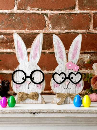 2件套复活节兔子摆件，可爱大眼睛木质中心装饰品，农舍风格木质兔子多层托盘装饰，花篮填充物，创意节日礼物，DIY礼物，复古木质兔子桌面摆件，办公室，派对装饰，适合送给家人、朋友、爱人和同事