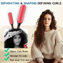 Hair Brush For Women Men Curly Wet Or Dry Hair Classic Detangling Brushes 7 Row For Natural Thick Hair, Blow Styling Separating, Shaping Defining Curls Tools Travel Bristle Black Hairbrush - ColorE - View 2