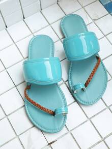 2026 New Turquoise Green Woven Flat Sandals, Glossy Thong Slippers, Minimalist Summer Beach & Daily Comfortable Shoes - Baby Blue - View 1