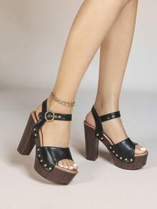 Women's Bold Buckles Studded Wedge Sandal Platform Heeled Summer Fashion Sandals Ankle Strap Shoes - 黑色 - 查看 2