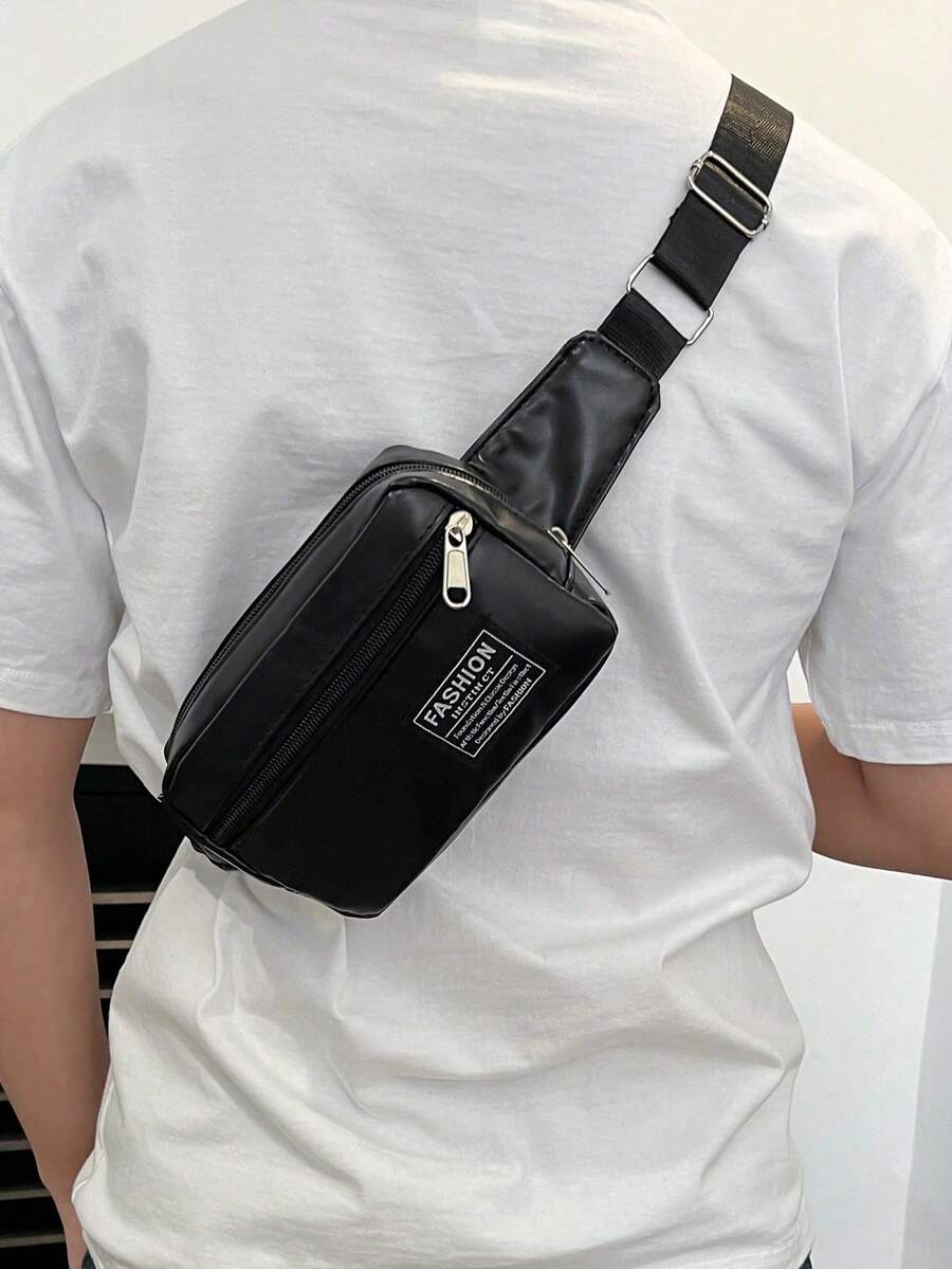 纯色PU面料时尚百搭运动休闲男士胸包，多功能手机袋、零钱包，旅行、运动、简约风格 - 黑色 - 查看 1