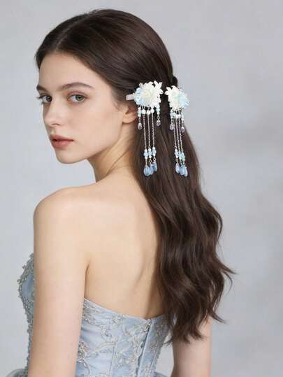 2 st hårspännen i glas med blommotiv och tofs, present till kvinnor, lämpliga för prinsessor, vardagskläder