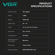 ماكينة حلاقة كهربائية احترافية VGR بسرعة 11000 دورة في الدقيقة، مشذب شعر كهربائي لاسلكي لاستخدام الحلاقين، مقص كهربائي معدني قابل للتعديل، هدية للرجال V-668 - متعدد الألوان - مشاهدة 8