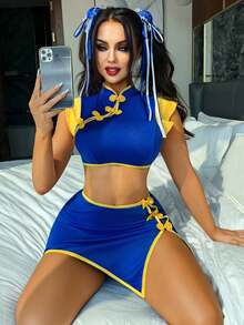 Set Lingerie Seksi Wanita 2 Potong, Termasuk Atasan Crop Berkerah Cheongsam (Lengan Pendek) dan Rok Mini Belahan, Set Pakaian Dalam Nyaman dengan Warna Kontras - Biru - View 1