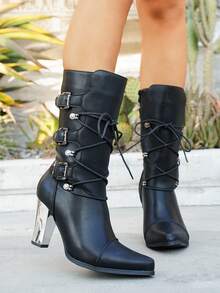 Women's Pointed Toe Mid-Calf Boots, Chunky High Heel Lace-Up Riding Boots - Black - View 4