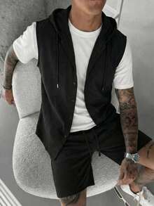 Men's Linen Casual Hooded Vest And Drawstring Shorts 2 Pieces Set, Summer - Black - View 1