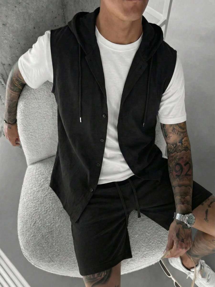 Men's Linen Casual Hooded Vest And Drawstring Shorts 2 Pieces Set, Summer - Black - View 1