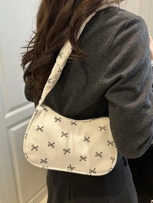 1pc White Corduroy Fabric Smooth Zipper Bow Print Drawstring Shoulder Strap Design Fashion Versatile Casual Solid Color Minimalist Autumn/Winter New Unique Shoulder Bag, Suitable For Women's Daily Use - White - View 4
