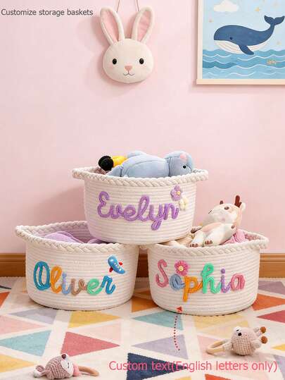 1 pieza Cesta de almacenamiento redonda tejida a mano personalizada, letra personalizable, cesta/organizador de regalo de Pascua, decoración navideña