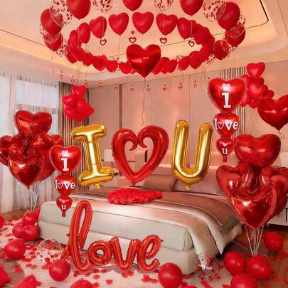 4/559pcs Valentine's Day Balloon Set, Includes Gold I & U Letters, Hollow Heart, Connected Love Letters, 18-Inch Red Foil Balloon, Red Heart Latex Balloons, Fake Rose Petals, Suitable For Romantic Valentine's Day, Proposal, Anniversary, Birthday Party Decoration