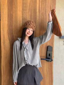 V领长袖格子荷叶边衬衫 - 白格 - 查看 3