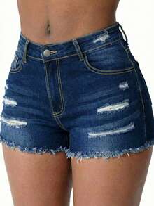 Plus Size Women's Distressed Denim Shorts, Straight Leg Mini Style, Suitable For Summer Wear With Ripped Details Casual - Blue - View 1
