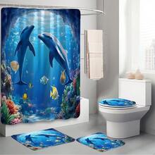 1pc/3pcs/4pcs Underwater World Dolphin Multifunctional Bathroom Decor Shower Curtain Set, Free 12 Hooks Included, Elegant Holiday Atmosphere, Bathroom Mat, U-Shaped Floor Mat And Round Toilet Mat, Suitable For All Scenarios Bathroom Set - Multicolor - View 6