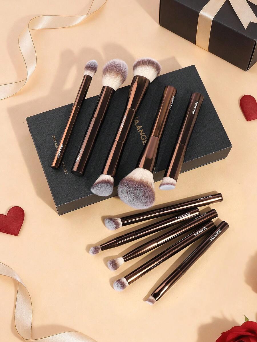 MAANGE 1/10件套专业铝管化妆刷套装，带纸质礼盒，双头粉底刷、腮红刷、散粉刷、眼影刷、睫毛刷、眉刷、唇刷、光晕刷、遮瑕刷，美妆刷套装，旅行化妆刷套装，女士/女孩礼物，赠品，专业化妆刷，全套化妆刷 - 咖啡棕 - 查看 1