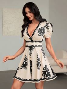 女士复古印花休闲度假迷你连衣裙 – 前腰褶裥、泡泡袖、轻松打造时尚造型 - 杏色 - 查看 5