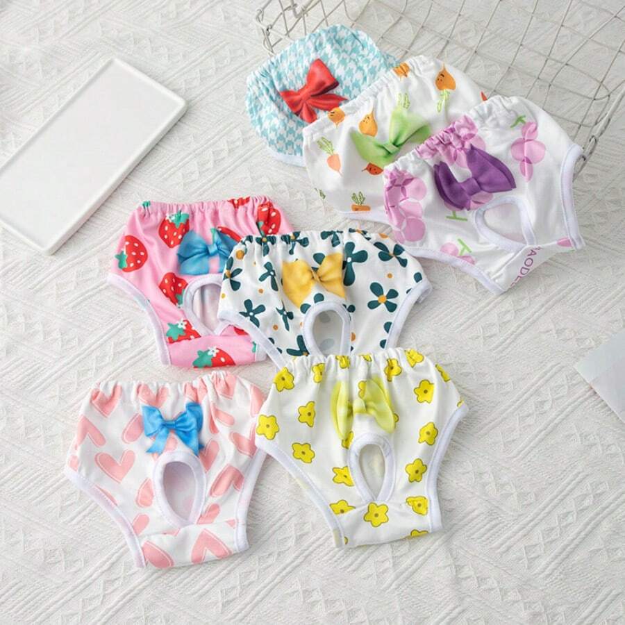 7pcs Washable Dog Menstrual Physiological Shorts With Cute Pet Prints - Multicolor - View 1