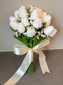 White Tulip And Calla Lily Artificial Flower Bouquet, Bridesmaid Bouquet For Wedding, Bridal Bouquet, Wedding, Ceremony, Anniversary, Fake Flower Spring Home Decor, Photography Props, Centerpiece, Party Table Decor, Holiday Decoration, Easter Gift, Birthday, Graduation - Multicolor - View 5