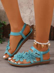 Women's Elegant Sandals, Floral Decor In Cooling Colors, Fairy Tale Style For Summer, Open Toe Design, Fabric Upper And Lining, Non-Slip Outsole, Microfiber Insole - Lightweight,Beach Outfits - Baby Blue - View 5