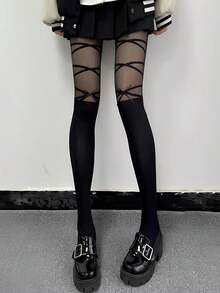 1件复古甜美蝴蝶结交叉绑带连裤袜 - 黑色 - 查看 2