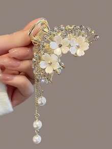 1pc Women's Small Metal Flower Rhinestone Hair Claw Clip, Suitable For Daily Wear - Red - View 11