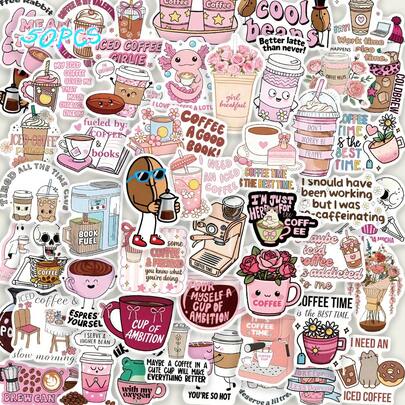 SCXXBSW 50pcs Funny Coffee Exquisite Cartoon Fun Stickers DIY Decorative Skateboarding Notebook Guitar Stickers
