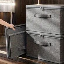 1pc Zippered Storage Box, 42L Foldable Linen Fabric Organizer Bin, Breathable Material, Suitable For Wardrobe, Closet, Toys, Blankets, Washable (Extra Large 45 * 35 * 26cm) - Dark Grey - View 6