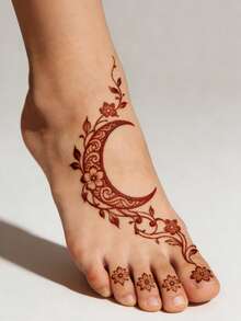 2pcs Maroon Temorary Tattoo Stickers - Sexy Moon & Floral Patterns For Foot & Hand, DIY Mehndi Design, Fake Tattoos, For Women Body Parties Makeup - Brown - View 4