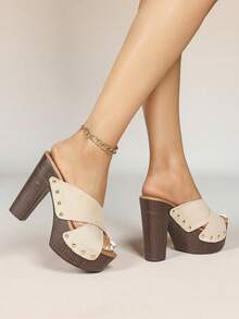 Women's Platform Sandal Heeled Sandals For Women Chunky Heel Summer Dressy Leather Peep Toe Mule Sandals Heel Shoes - 杏色 - 查看 3