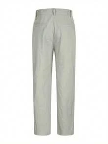 Men's Linen Pants Solid Color Pleated Mid Waist Straight Leg Casual Trousers With Pockets For Daily Office - 灰 - 查看 7