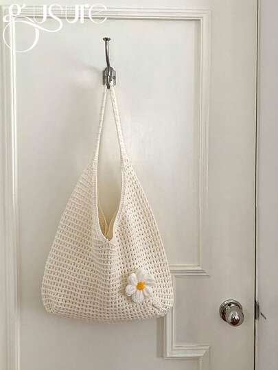 Elegant Knitted Tote Bag Women's New Style Korean Shoulder Beach Bag Lazy Pattern Hollow Flower Street Handbag Summer New Slouchy Style Knitted Tote Bag Women's Vacation Shoulder Bag Woven Large Size Beach Bag Floral Hollow Out Design